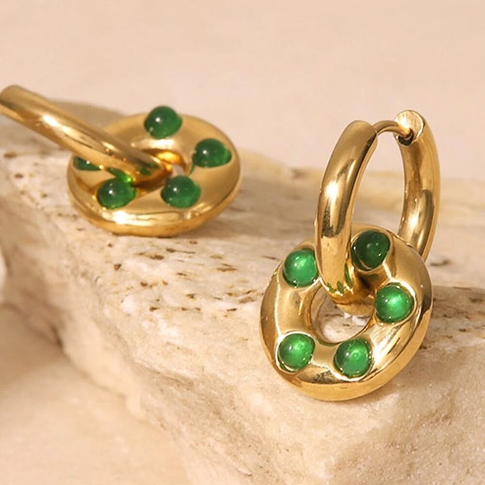 NEW 14K yellow gold stainless steel faux green agate drop earrings jewelry B20 - Picture 5 of 10
